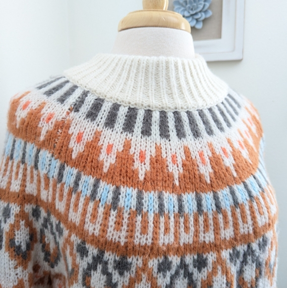 Aerie Fair Isle Mock Neck Oversized Chunky Knit Sweater Cream Rust Small - Picture 5 of 10